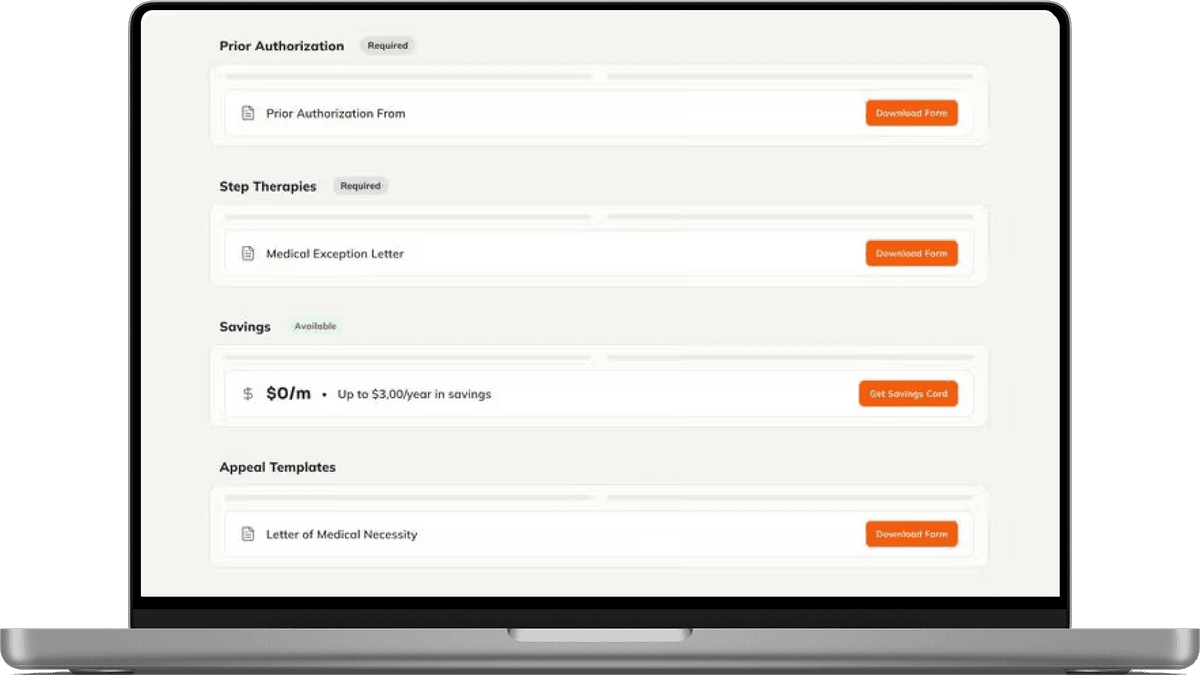 Coverage tool shown on a laptop — PA requirements, step therapies, savings, and appeal templates at a glance